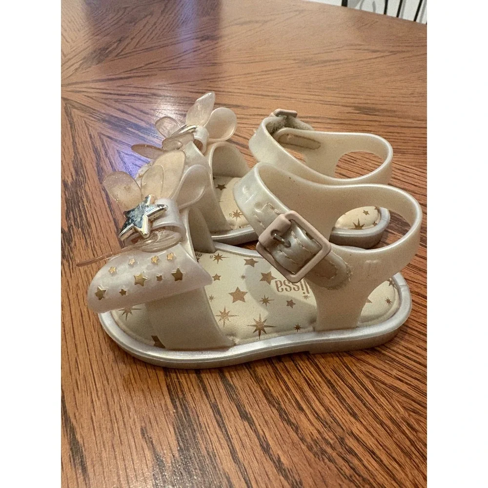 Mini Melissa Mar Sandal Stars Pearlescent White Gold Star Bow Jelly Sandals Sz 5